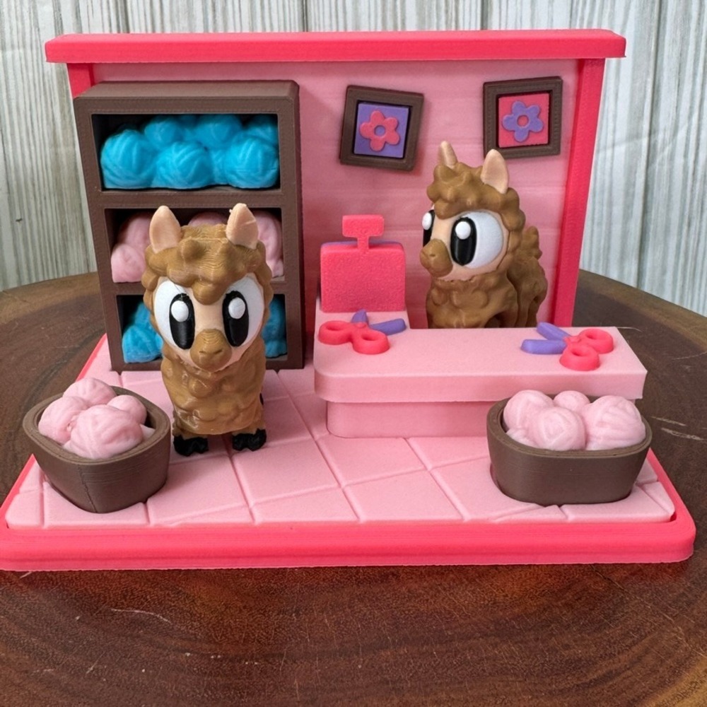 3D Printed Llama Yarn Shop Playset Miniature Boutique Diorama Pink Brown Blue